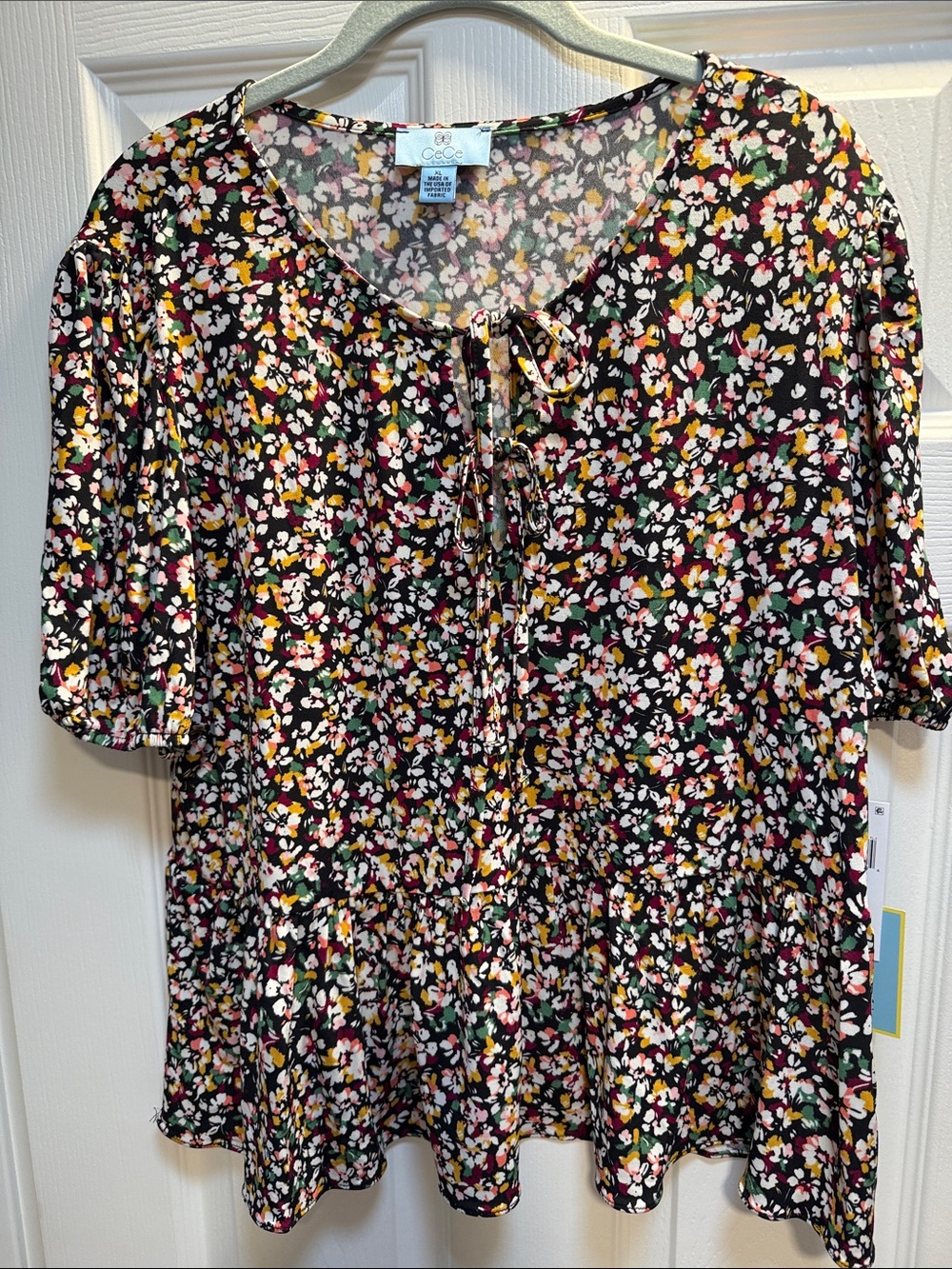 Lush Black Floral Tie-Front Peplum Tunic with Pink, Yellow & Green Accents